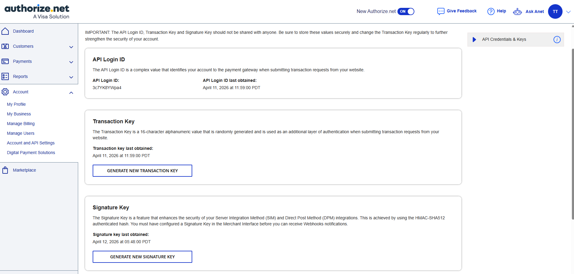Step 2 — generating the API Login ID, Transaction Key and Signature Key