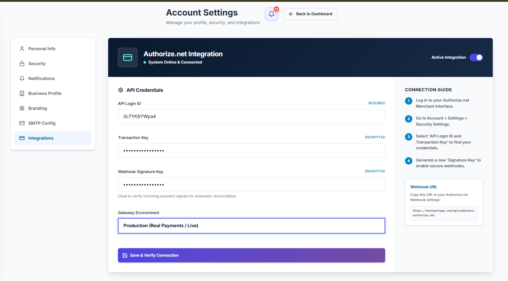 Step 3 — pasting those keys into BOOTMARK's payment settings