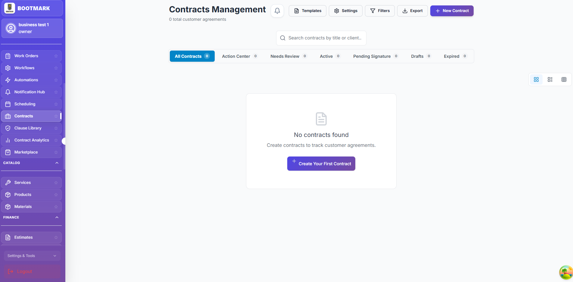 The contracts dashboard, with what needs review or signature surfaced first