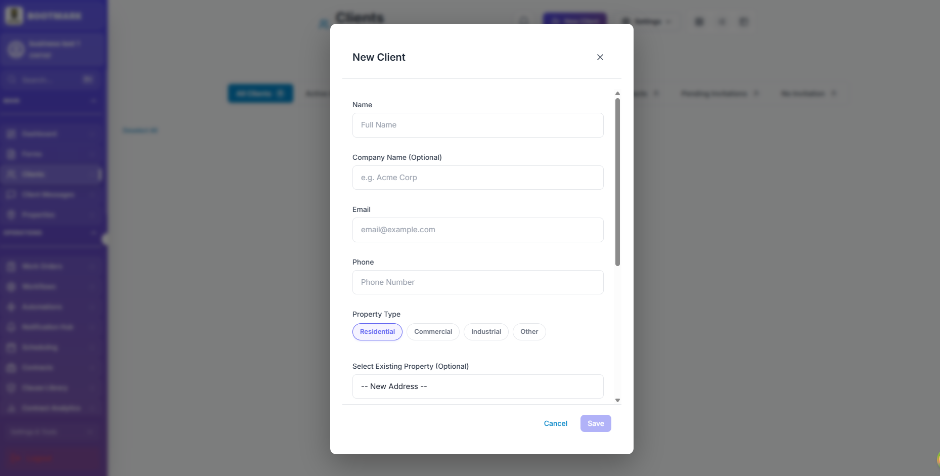 Adding a client — only the name is required