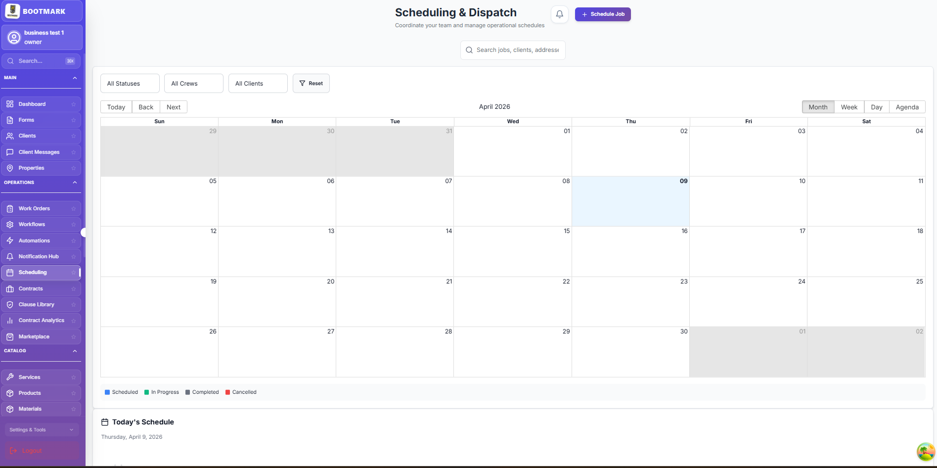 The scheduling calendar, colour-coded by job status